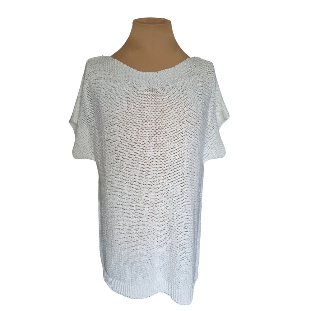 Cable & Gauge Womens Cream Open Knit Short Sleeve Button Back Sweater Top M